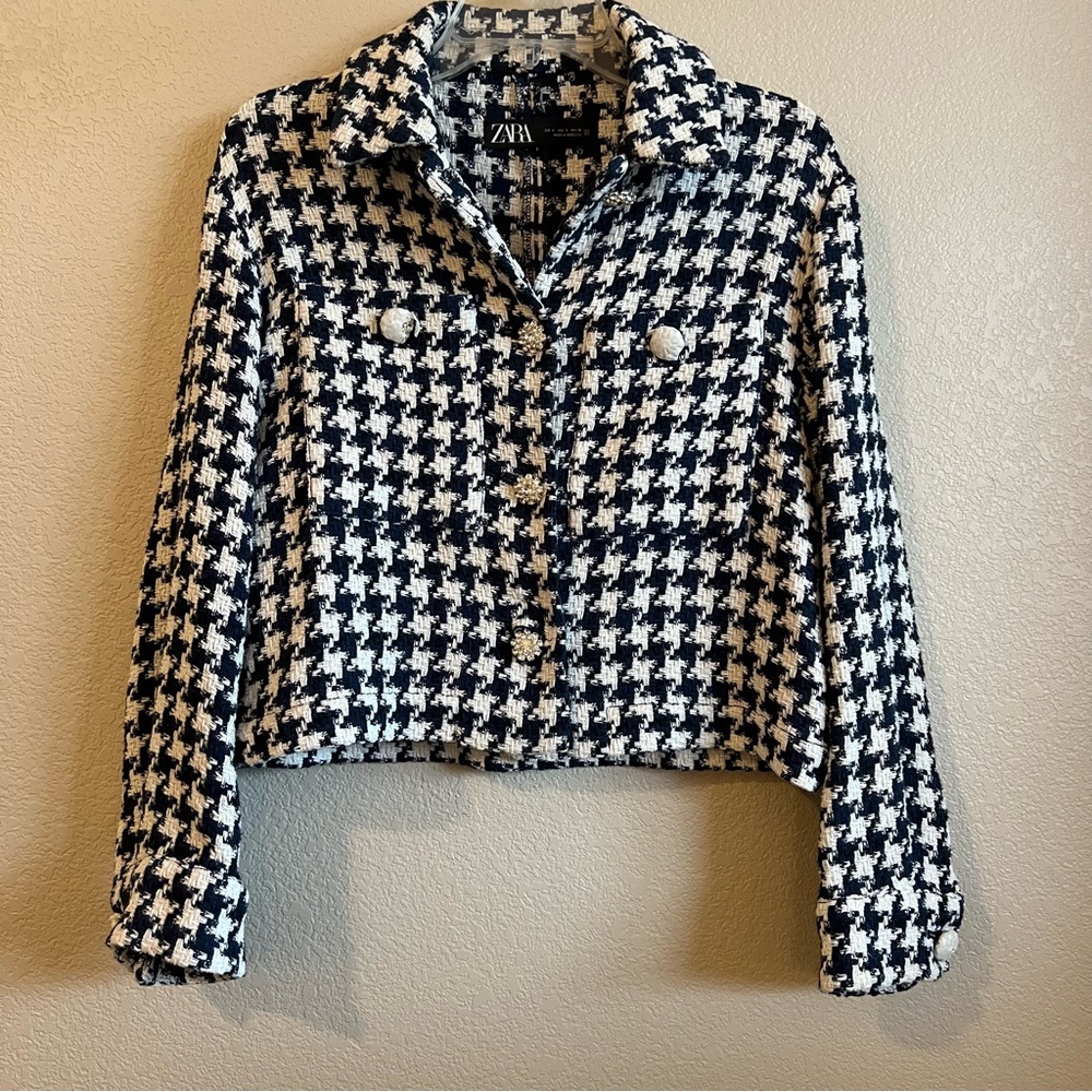 Zara Blue White Cropped Long Sleeve Houndstooth Jacket Crystal Buttons Small